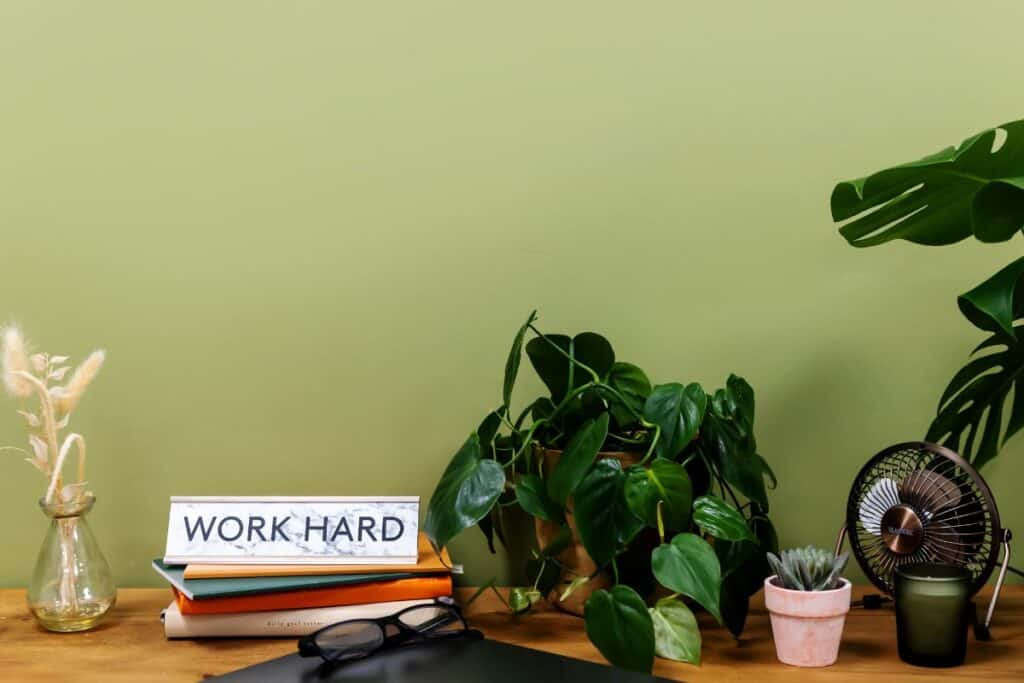 Organised desk with 'Work Hard' sign and plants - ideal setting to learn what micro-goals are.