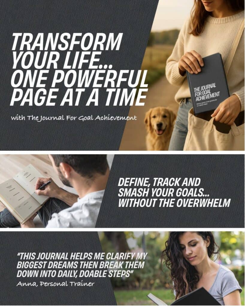 A comprehensive promotional graphic for The Journal for Goal Achievement, displaying lifestyle imagery, product benefits, sample pages, and real user feedback. The image highlights key features including identity discovery, habit tracking, daily routines, flexibility with undated pages, and sleek portability. Designed and crafted in the UK, this journal offers a powerful structure to define, track and achieve personal and professional goals with clarity and consistency.