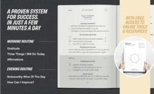 Daily goal-setting and reflection page spread from The Journal for Goal Achievement, including morning and evening routines with gratitude, affirmations, and wins of the day