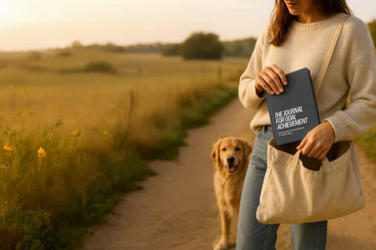 Woman placing a journal into her canvas tote bag while walking her dog on a country path at sunrise