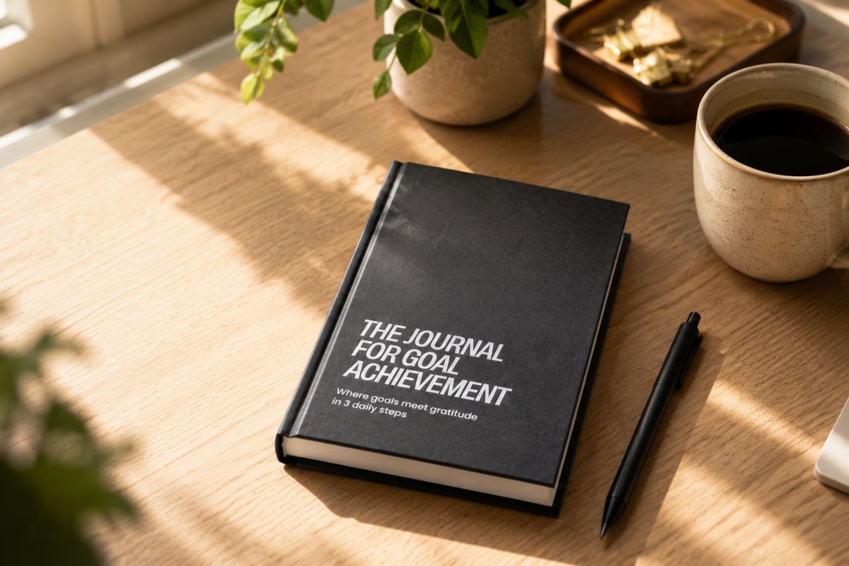 Mid-year goal reset journal with pen and coffee on a wooden desk for planning how to finish the year strong