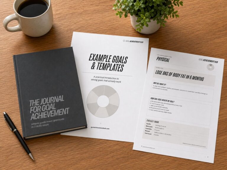 The Journal for Goal Achievement beside printed Example Goals & Templates PDF pages on a wooden desk with coffee, plant and pen.
