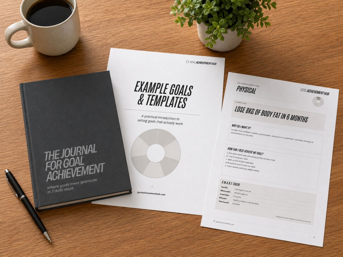 The Journal for Goal Achievement beside printed Example Goals & Templates PDF pages on a wooden desk with coffee, plant and pen.