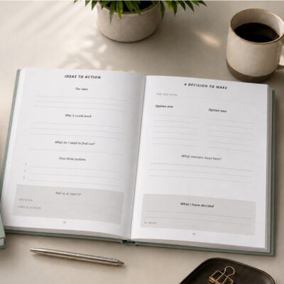 Open Goal Achievement Notebook showing Ideas to Action and decision-making planning pages for turning ideas into clear next steps.
