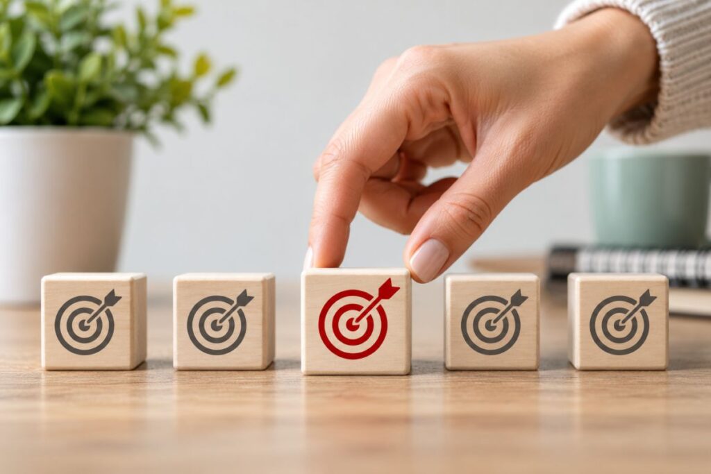Hand selecting one target from several, illustrating the importance of focusing on one primary goal at a time.